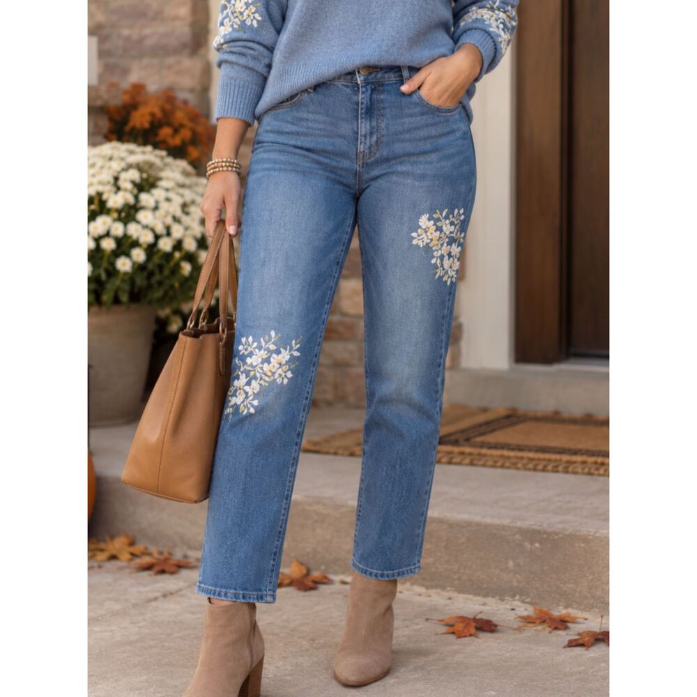 J. Jill Weekender Straight Leg Floral Embroidered Jeans Petite Size 4 Stretch